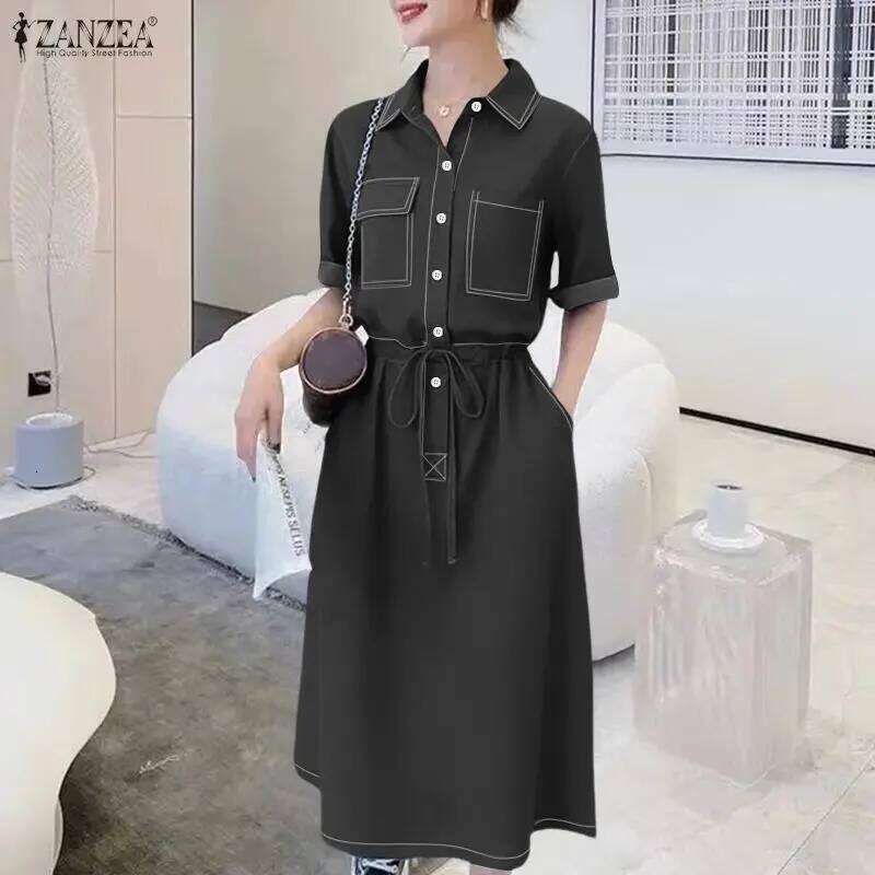 Fashion Contrast-Stitch Long Dresses Women's Turn-Down Collar Short Sleeve Half Buttons Cinch-Waist Shirt Dress ZANZEA Woman XJ260225