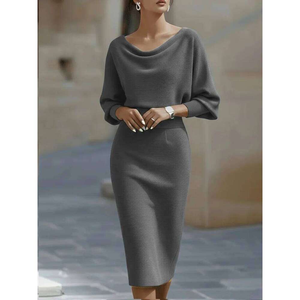 Elegant White Cowl Neck Midi Dress - Long Sleeves Bodycon Fit Perfect for Office Party Wedding XJ260225