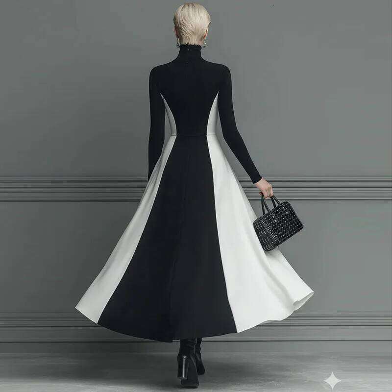 2026 Spring Contrast High Waist A-Line Woman Sexy Turtleneck Elegant Party Dresses Fall Casual Long Sleeve Slim Boho Dress XJ260225