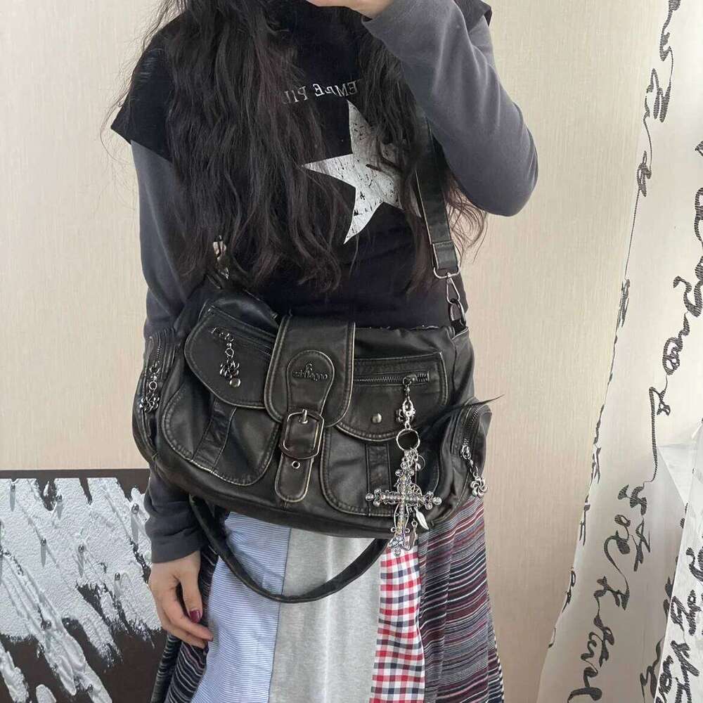 Vintage Y2K Crossbody Bags for Women Large Capacity Multi Pocket Soft Leather Shoulder Purses and Handbags H260225