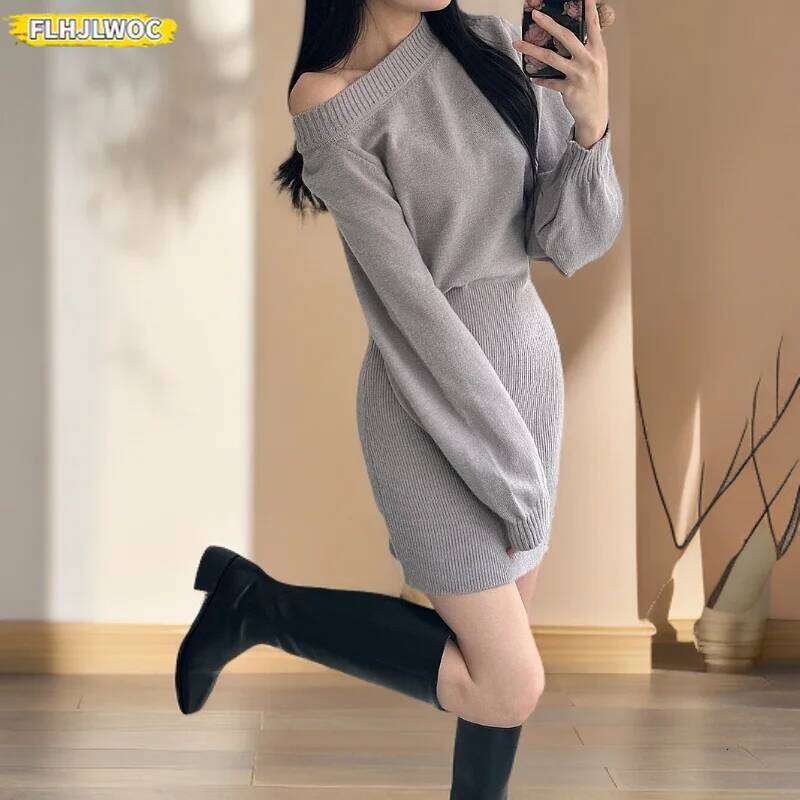Women Knitted Bodycon Pencil Mini Dresses Autumn Winter Solid Vestidos Long Sleeve Slim Bandage Lady Chic Korean Sweater Dress XJ260225