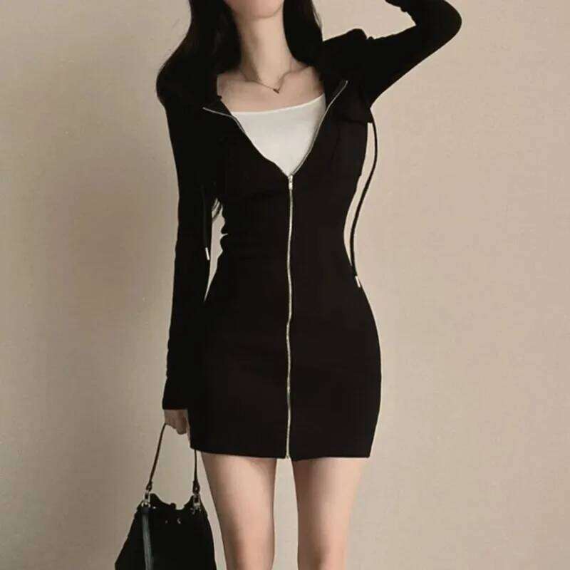 Long Sleeve High Waist Bodycon Slim Casual Short Dress American Simple Solid Color Hooded Zipper XJ260225