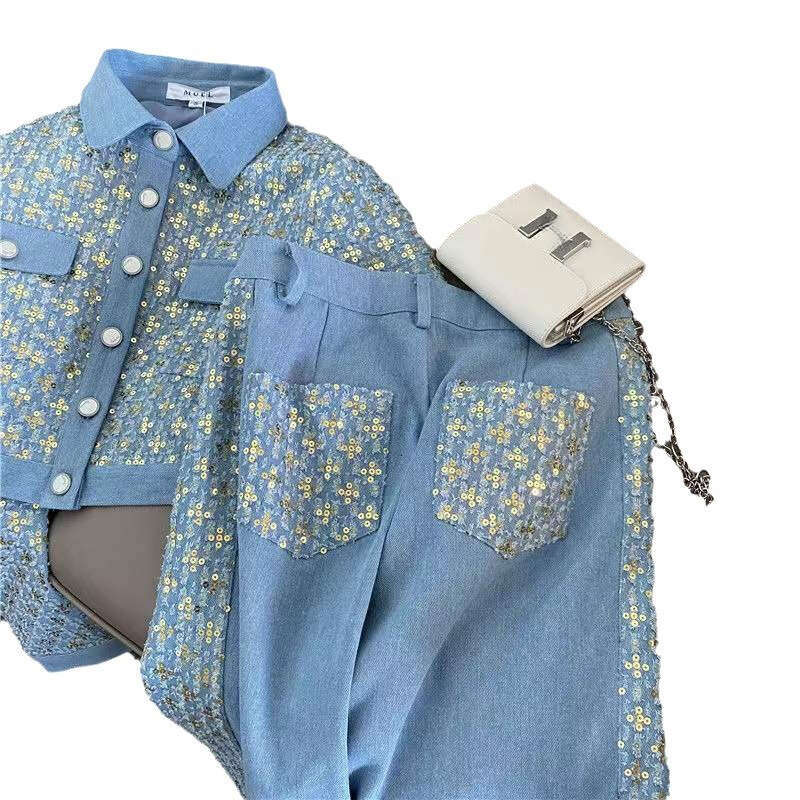 Designer women's sports suit autumn casual full style suit wide leg pants exquisite and comfortable jacket sequined lapel