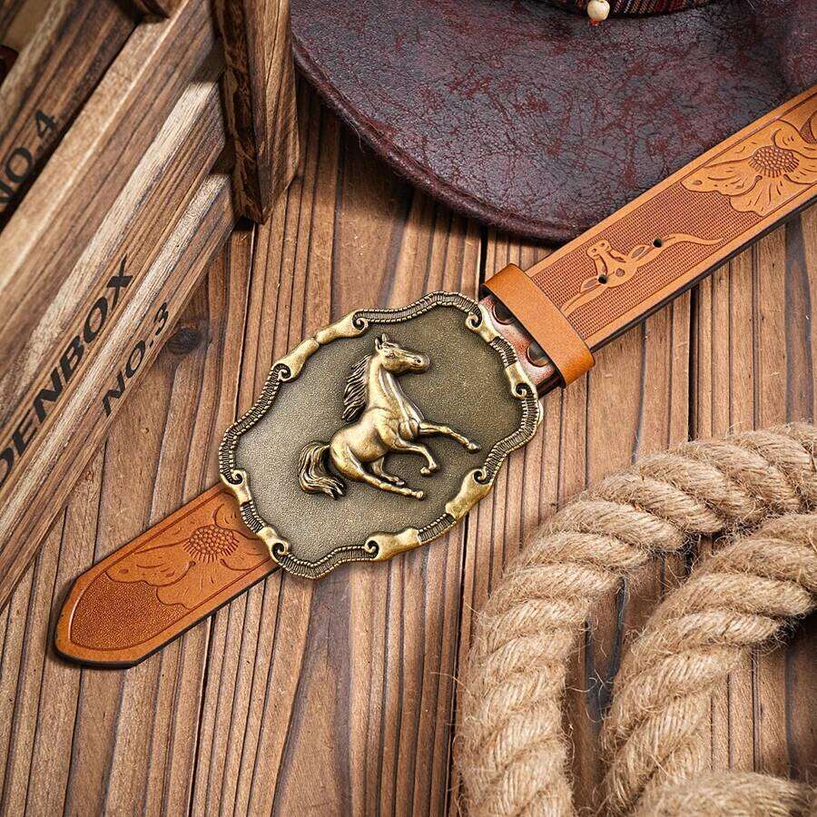 Golden galloping horse belt exquisite large plate alloy buckle for both men and women - irregular pattern carved f Y260225