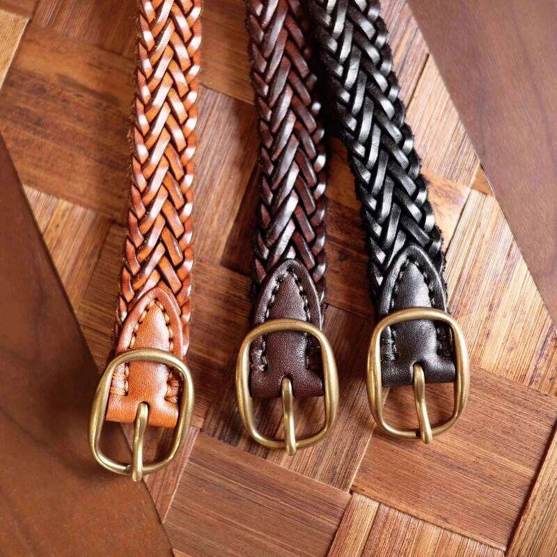 Retro Genuine Vegetable Tanned Leather Belt for Women with Pure Copper Button Hand-Woven Jeans Style Unisex Fashion Luxury Y260225