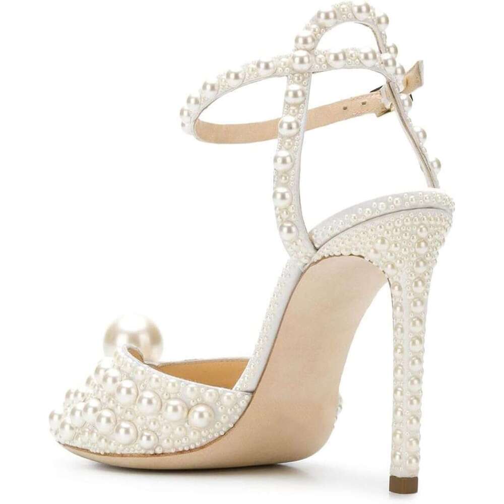 Womens Peep Toe Stiletto Heeled Sandals Shiny Pearl Buckle Ankle Strap Wedding Pumps Dress Evening Bride Bridal Shoes
