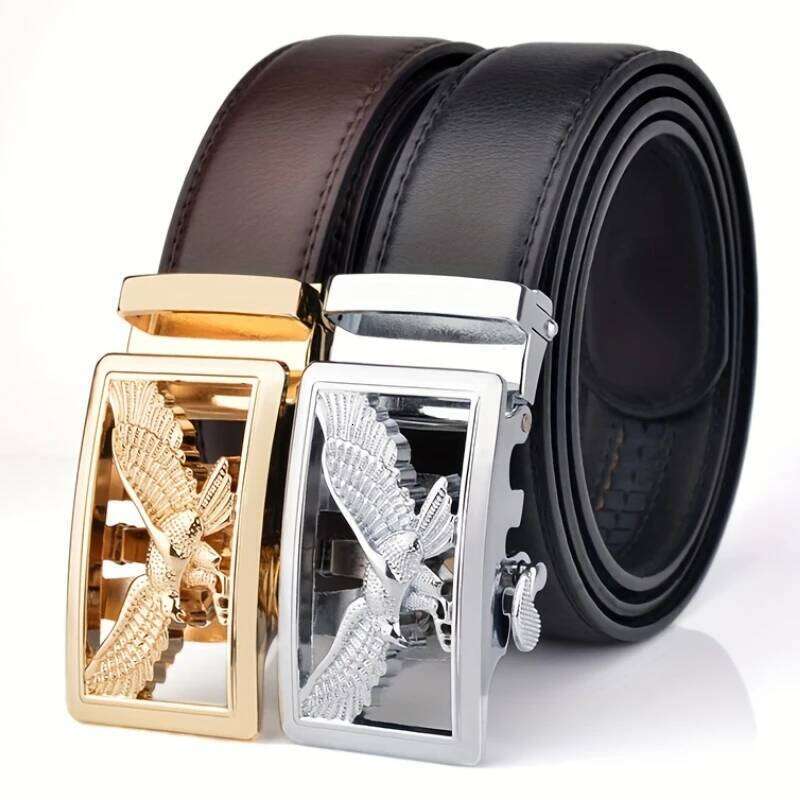 Men's Business Casual High-quality Golden Silver Eagle Pattern Leather Belt with Automatic Buckle Y260225