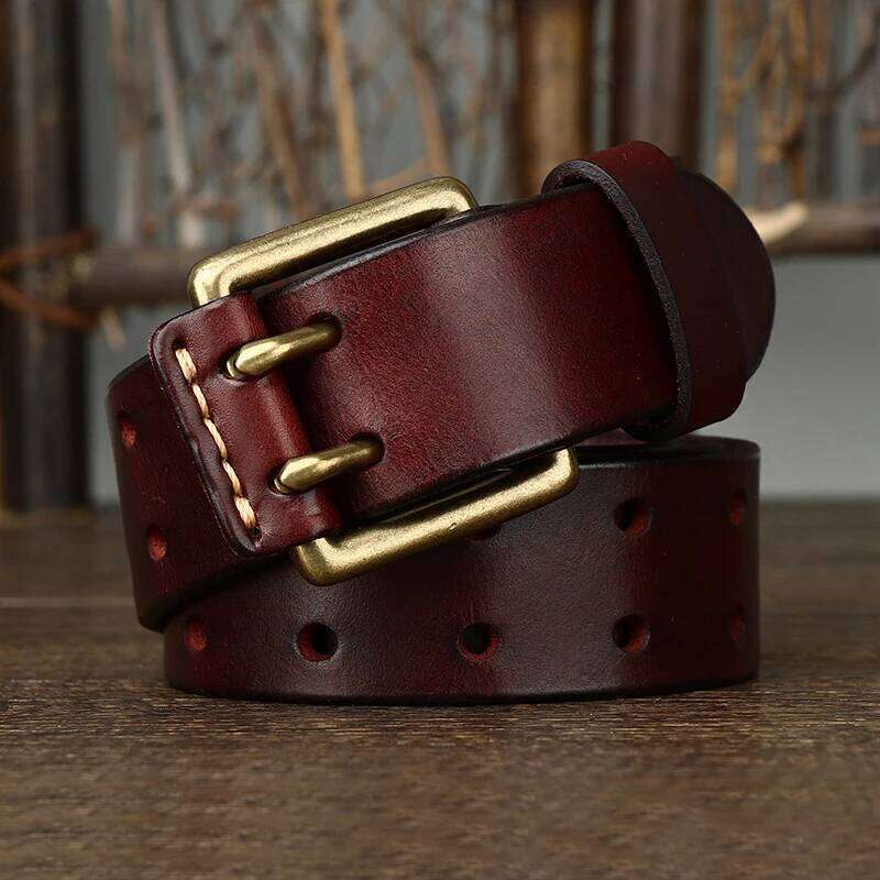Men's Leather Double Needle Buckle Classic Tow Row Hole Jeans Belt Cowboy Hollowed Out Waistband Width:3.8cm Length:105-125cm Y260225