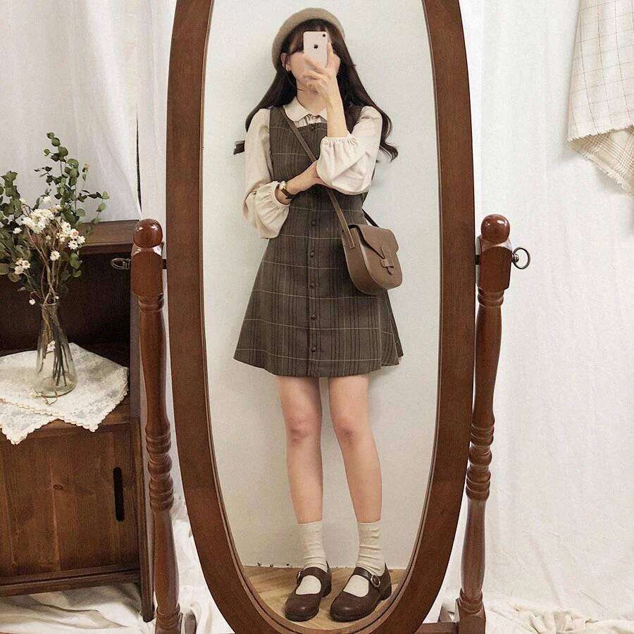 Preppy Sty Japan Girls Matching Outfits Date Lady Autumn Spring 2023 A Line Women Plaid Shirt Dress XJ260225