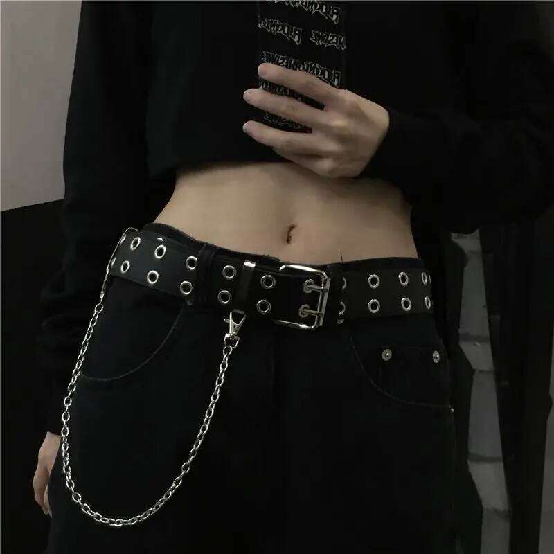 Belt female Korean ins spicy girl dark personality double-breasted metal chain decoration versatile punk men belt tide Y260225