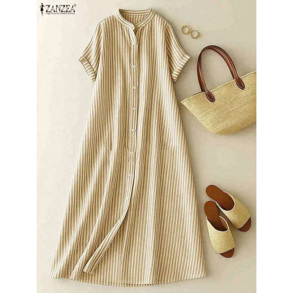ZANZEA Women's Casual Striped Midi Dresses Stand Collar Short Sleeve Buttons Shirtdress Spring Summer Holiday Woman Clothes 3XL XJ260225