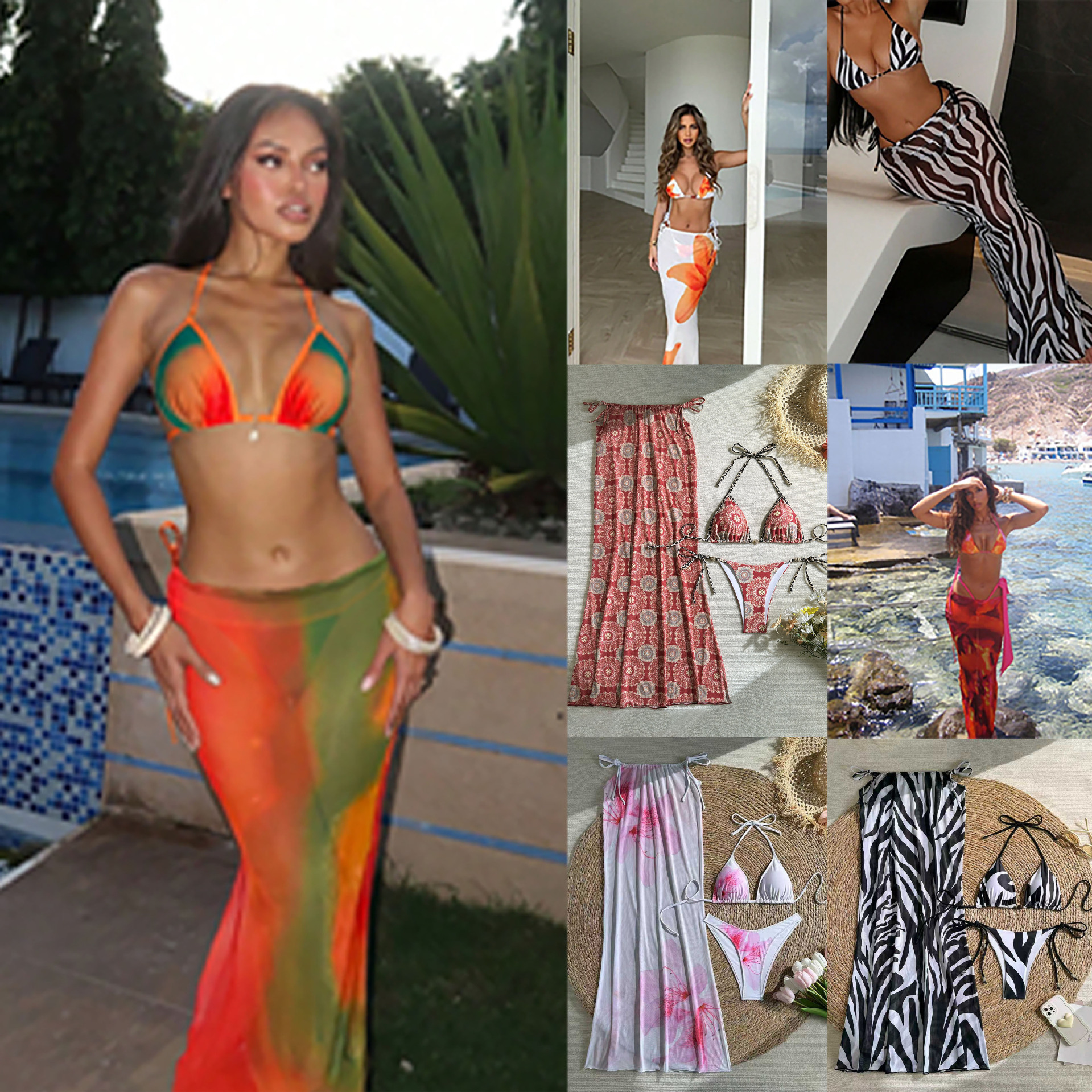 2026 new bikini seaside long wrap skirt sexy bikini three-piece printed swimsuit for women