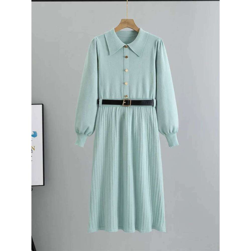 Elegant New Knit A-lined Slim Dress With Belt Korean Design Polo Neck Knitwears Solid Vestidos Fall Winter Long Sleeve Dresses XJ260225