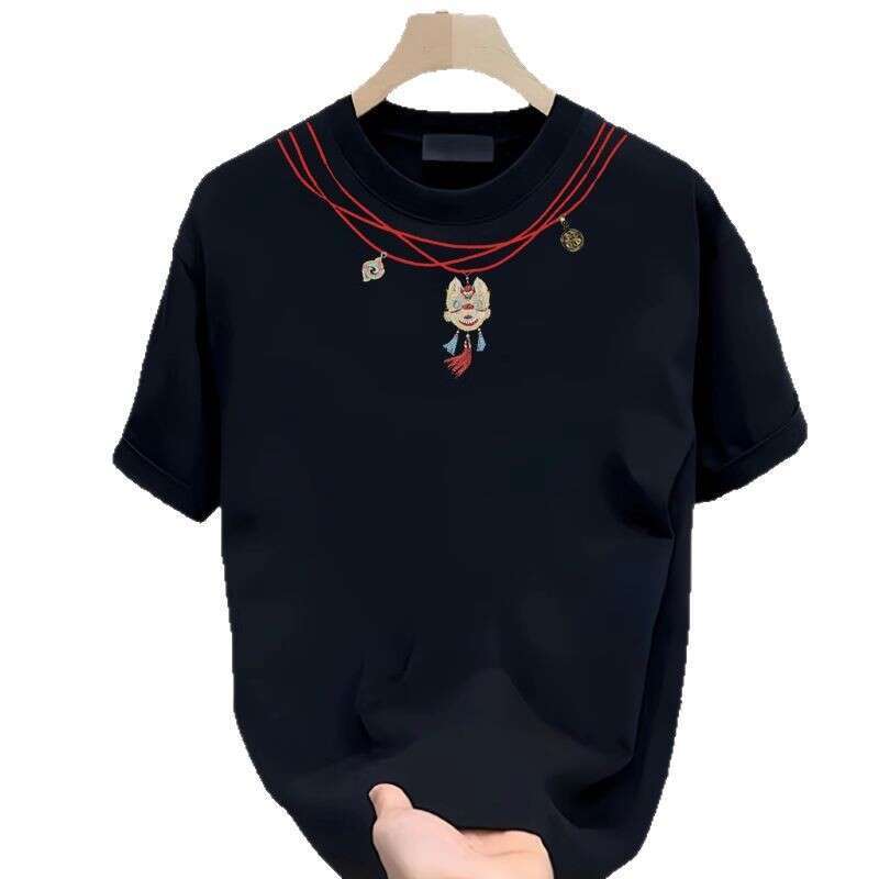 Men's T shirt New Navy Loose Fit Red String With Lion Dance Pendant On Neck Full Of Chinese Style Atmosphere Comfortable Soft - view 4