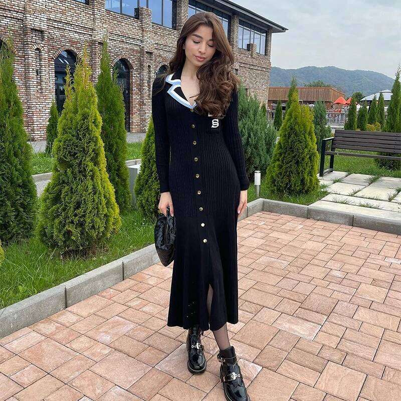 Contrast Knitted Dress Women Elegant Embroidery Lapel Long Sleeve Midi Dresses 2024 Autumn Winter Casual Single Breasted Vestido XJ260225