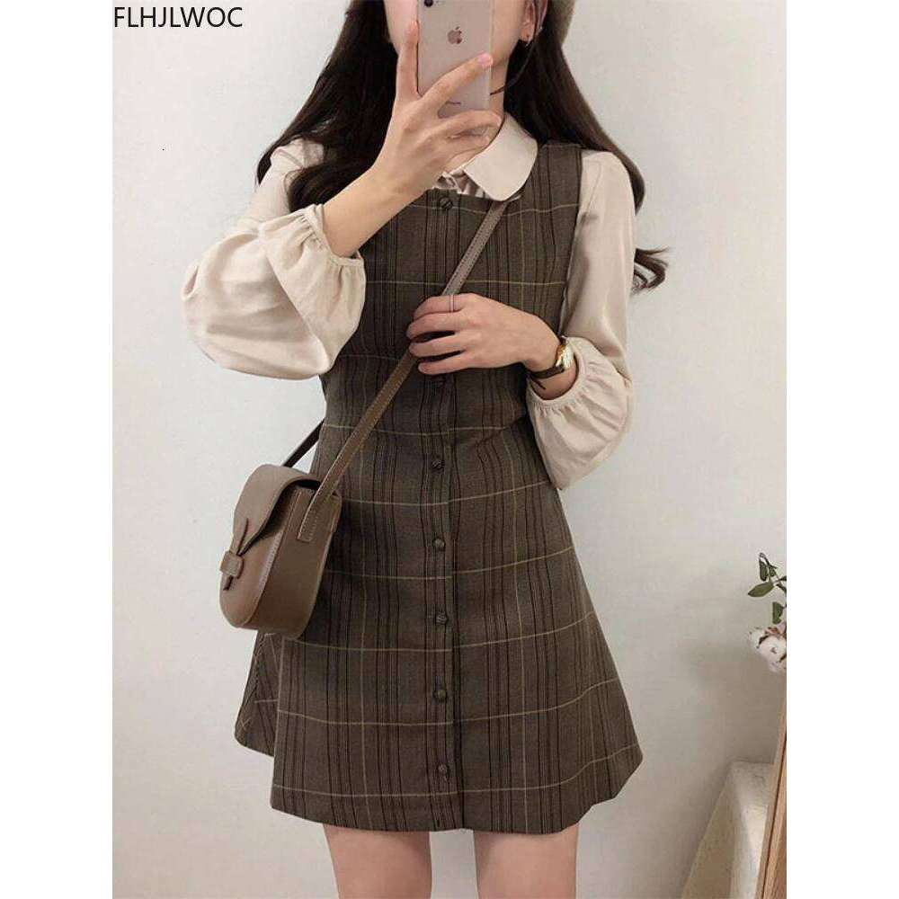 Cute Mini New Year Date Dresses Sleeveless Vest Women Korea Japanese Style Design Retro Vintage Plaid Button Shirt Dress 11021 XJ260225