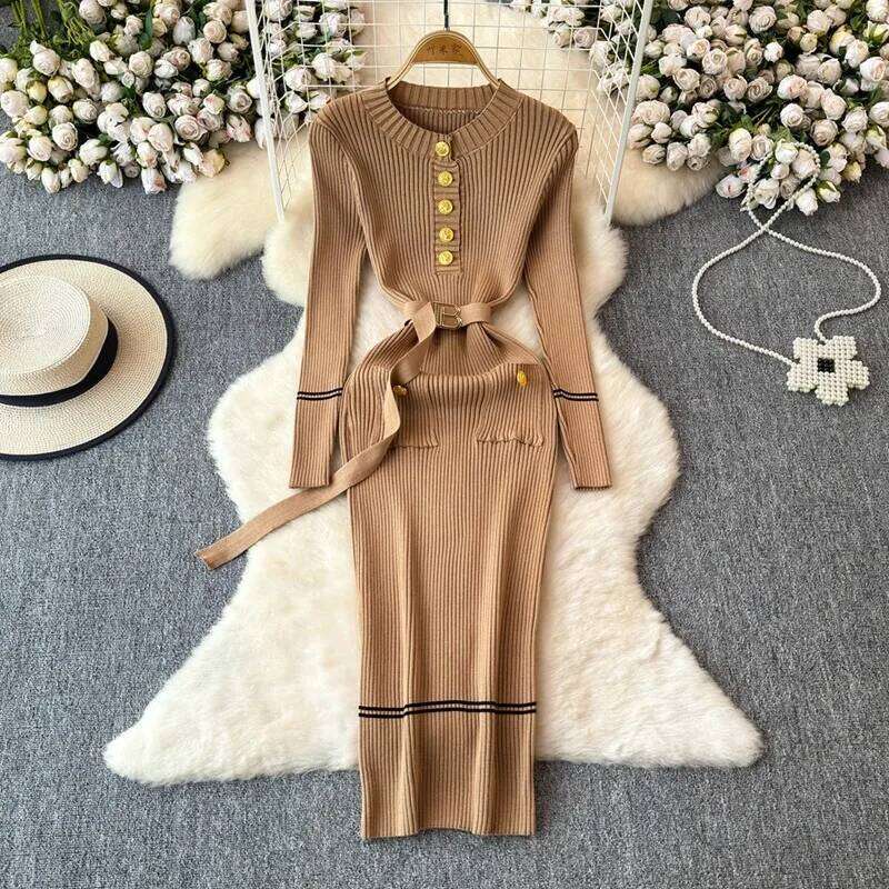 YuooMuoo Chic Fashion Autumn Winter Sleeve Knitted Bodycon Women Elegant Sash Bandage Long Sweater Dress Vestidos XJ260225