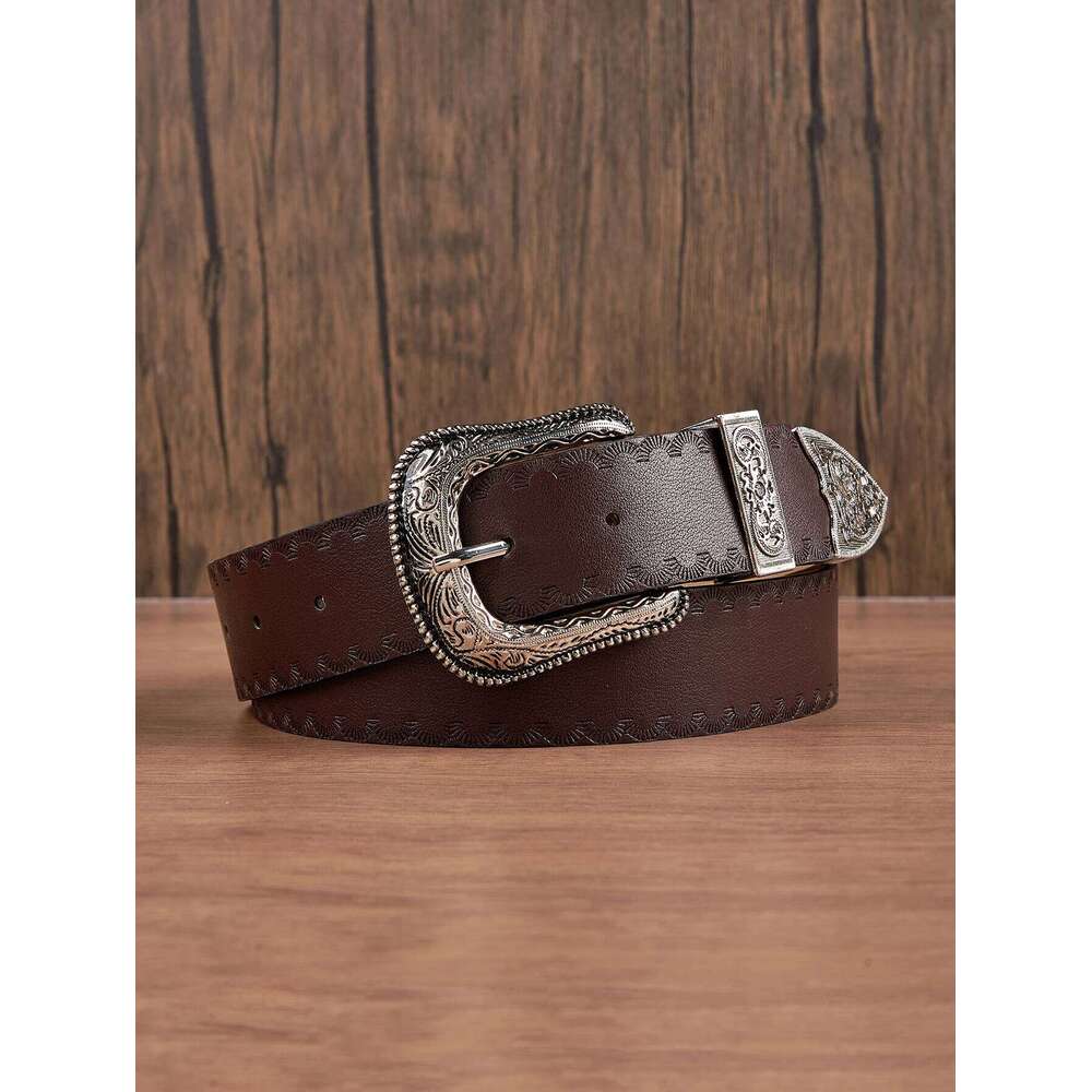 1pc Men's Western Style Distressed Pattern Leather Belt, Versatile Accessory For Jeans Y260225