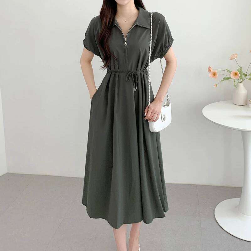 REALEFT Vintage Zipper Women's Shirt 2025 New Short Sleeve Lace-up Turn-down Collar Solid Casual Straight Loose Dresses XJ260225
