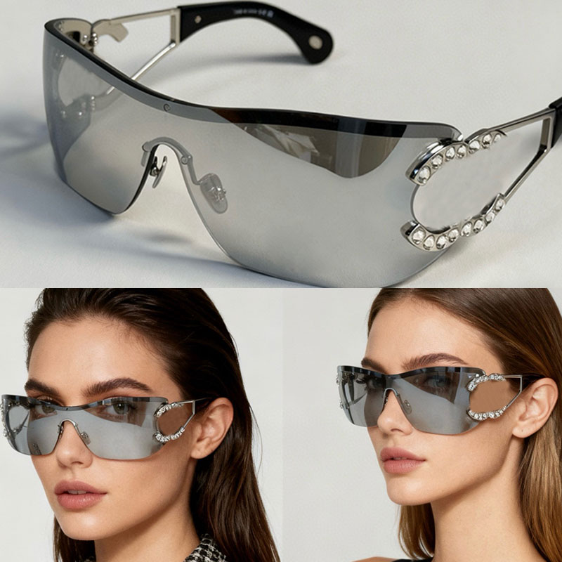 Designer Shield Sunglasses 9579 rectangular sunglasses Fashionable personalized frameless with UVA UVB100% protection Crystal Temple Metal nose pads