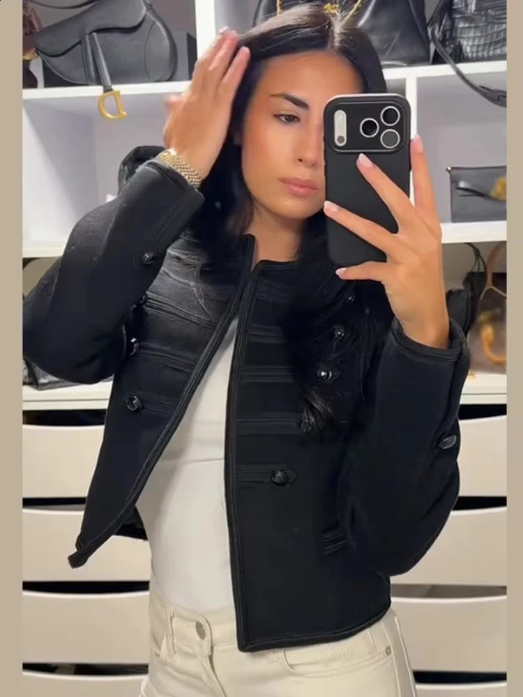 Women Knit Patchwork Napoleon Military Jacket Shoulder Pad Chic Single Breasted Short Blazer Long Sleeve Loose 2026 Spring Coat 260124