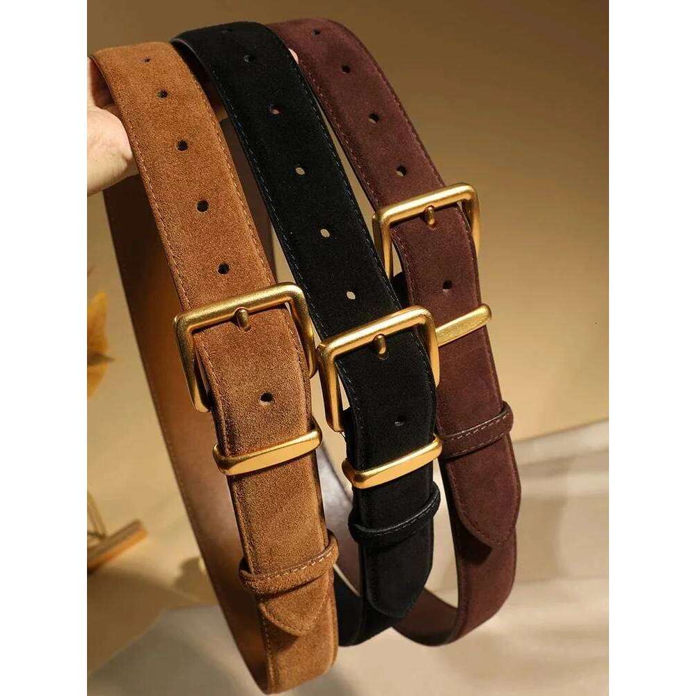 Luxury Suede Cowhide Leather Belt Women, Vintage Style with Gold Buckle, 3.3cm Wide Waistband for Dresses & Jeans Y260225