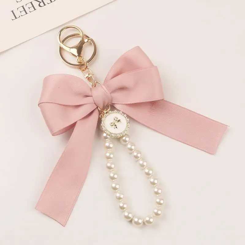 Fashion Large Bowknot Ribbon Pearl Key Chain Womens Multi-color DIY Key Pendant Hanging Ornament Sweet Bag Accessories H260225