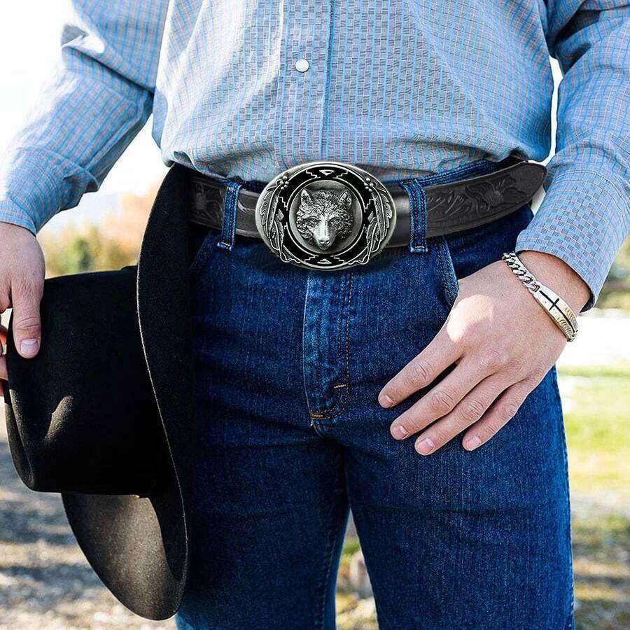 1pc men's Western style belt, wolf head, carved floral patterns and long horn decorations, retro style, great Valentine's Day gi Y260225