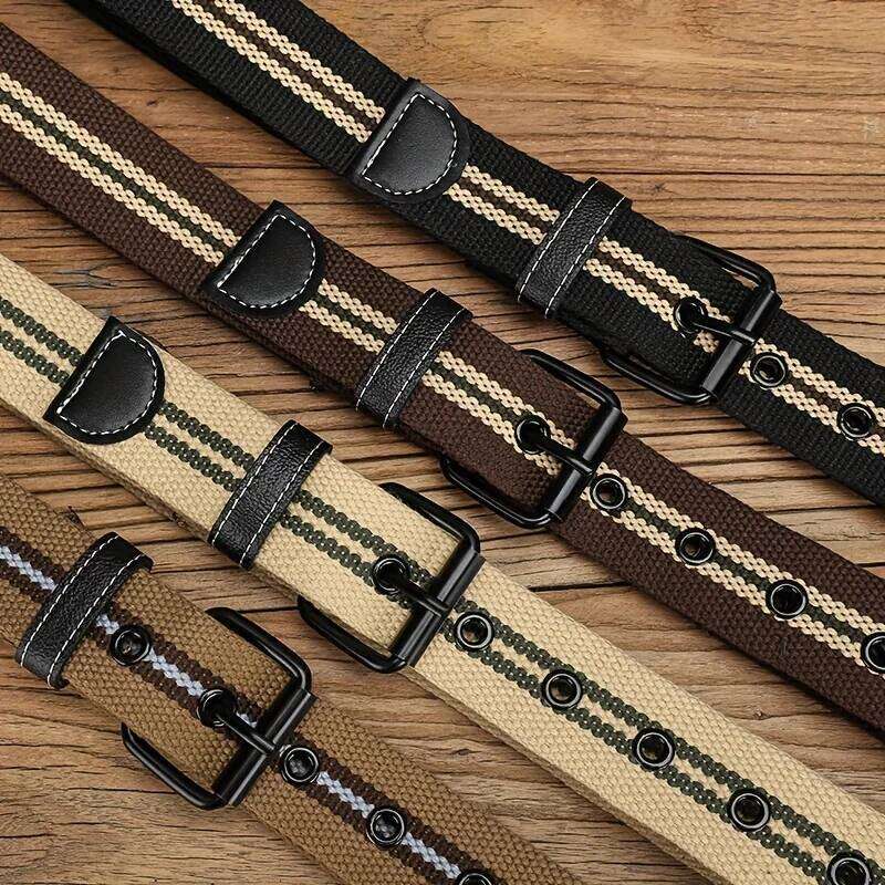 Men's full hole canvas waist needle buckle student youth versatile jeans belt, military training Korean version, ext Y260225