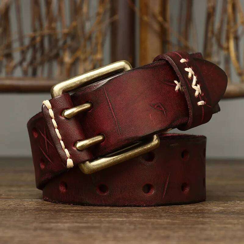 3.8CM Men's Retro Vintage Real Genuine Leather Double Needle Buckle Classic Hole Jeans Belt Cowboy Strap Y260225