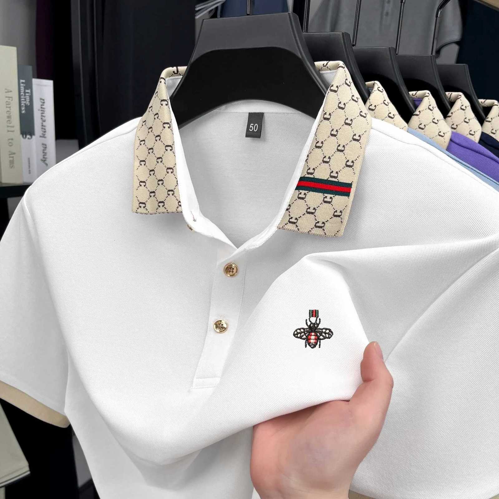 Bee Embroidered Polo Shirt with Contrast Collar and Breathable Pique Fabric for Casual Daily WearT260225
