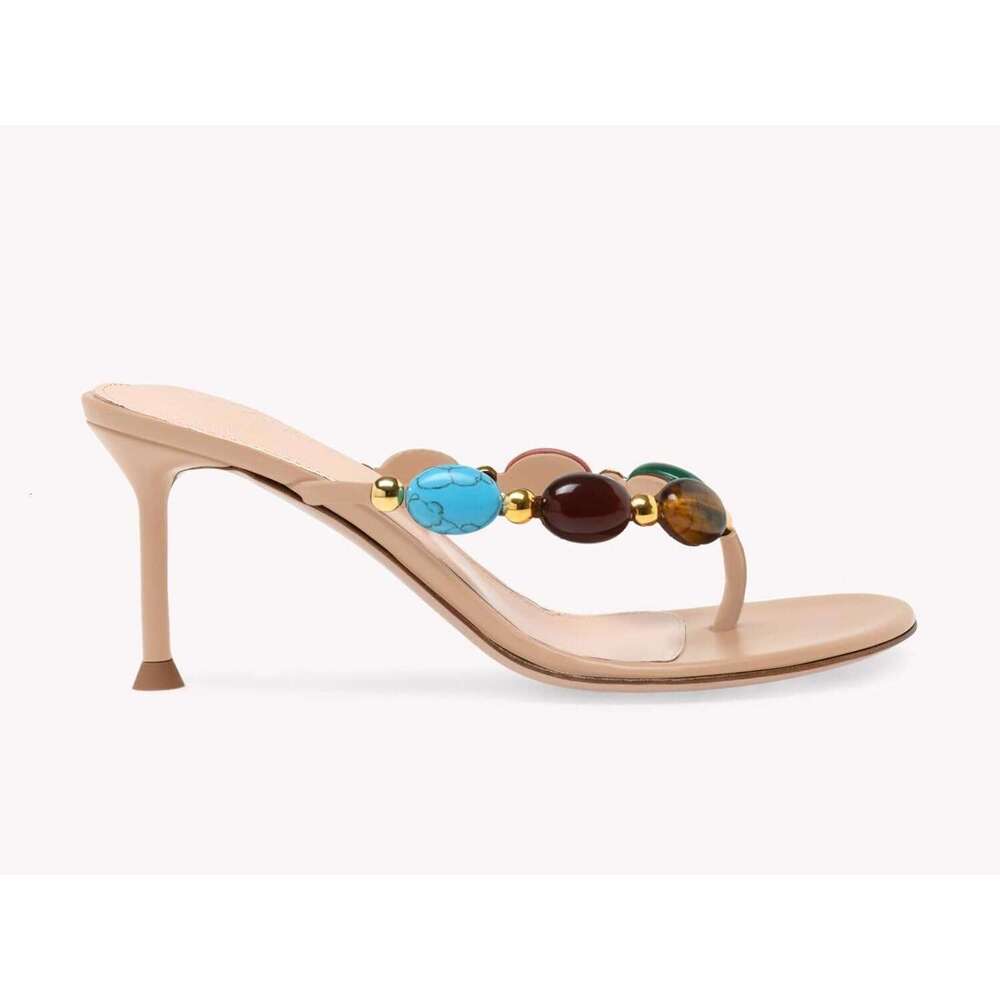 Womens Jeweled Heeled Sandals Kitten Heel Starppy Flip Flop Backless Open Toe Slides Boho Summer Vacation Beach Shoes