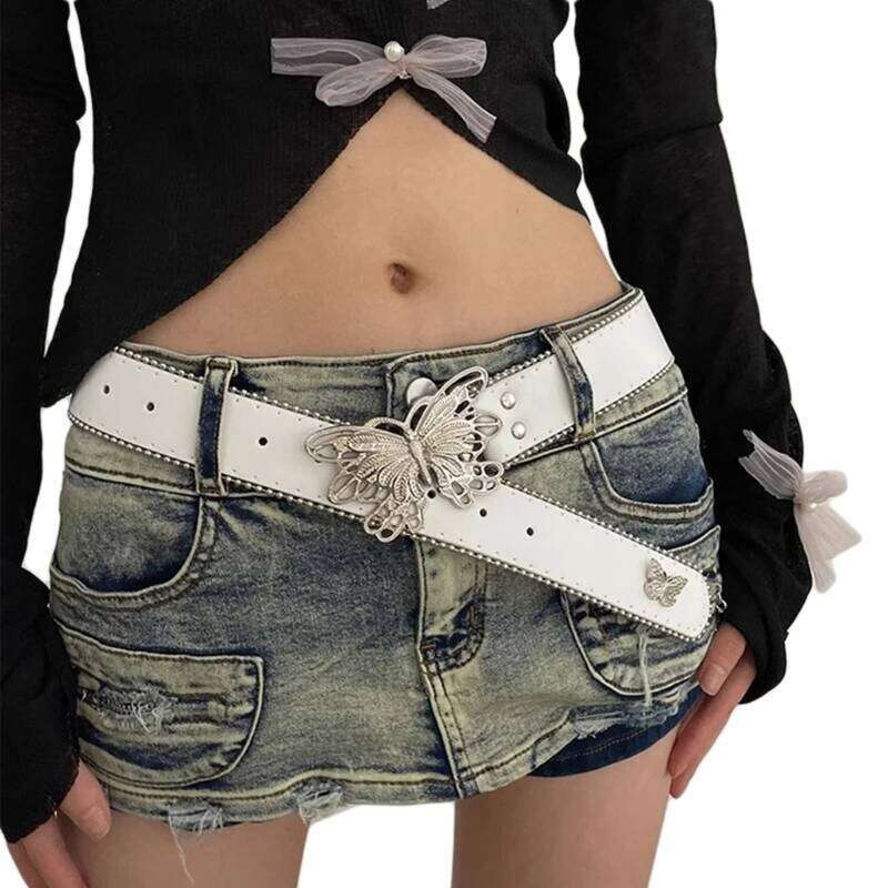 Women PU Butterfly Waist Subculture Pin Buckle Waistband Punk Y2K Jeans Pants Belt Hot Girl Accessories Y260225