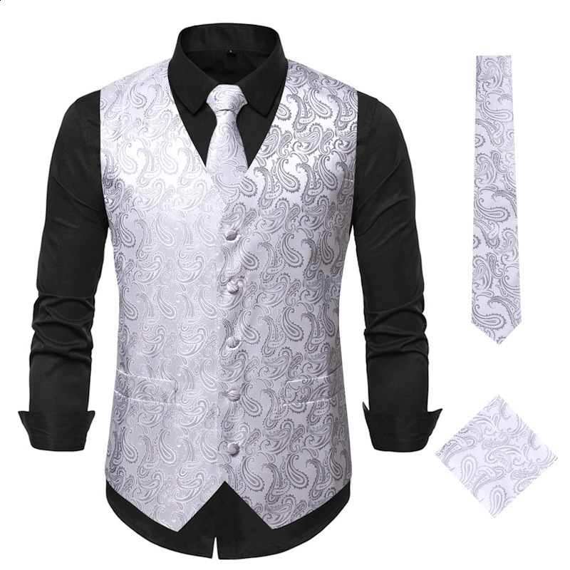 Men's Vests Hi-Tie 20 Color Silk Men's Vests Tie Business Formal Dress Slim Sleeveless Jacket 4PC Hanky Cufflink Blue Paisley Suit Waistcoat