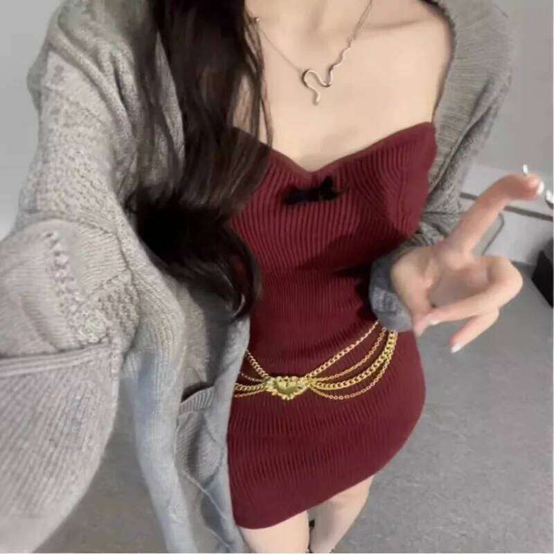 Square Neck Knitted Dress for Women Waist-cinching Autumn Winter Inner Layering Sweater Hip-hugging Skirt XJ260225