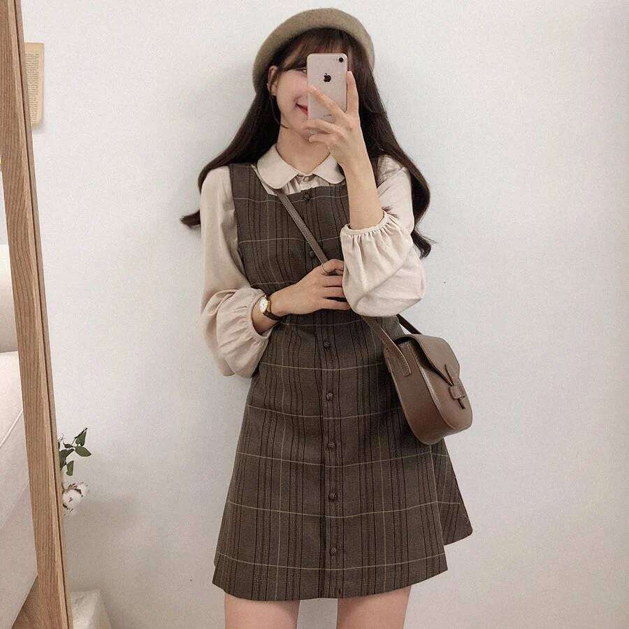 Preppy Sty Japan Girls Matching Outfits Date Lady Autumn Spring 2023 A Line Women Plaid Shirt Dress XJ260225