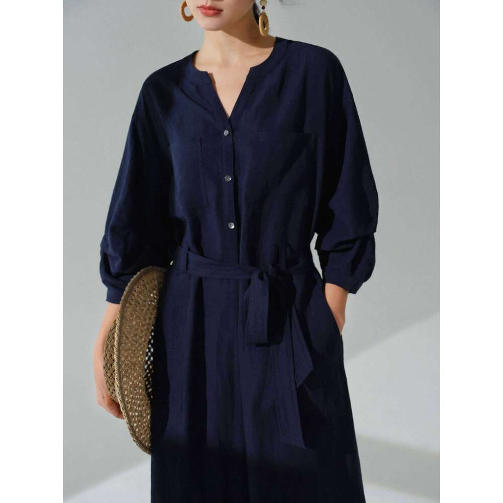 Women Elegant V Neck Shirt Lady Relaxed Tie Waist Midi Dress Casual Early Spring Long Sleeve Commuter Outfit Daily Wear XJ260225
