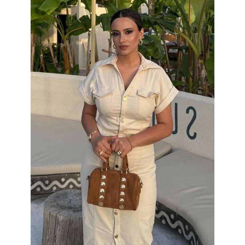 HXAO Women's Dress Button Short Sleeve Midi Summer New Denim Long Dresses Office Elegant Female Clothing XJ260225