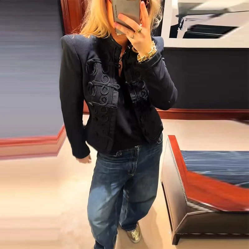 Women Knit Patchwork Napoleon Military Jacket Shoulder Pad Chic Single Breasted Short Blazer Long Sleeve Loose 2026 Spring Coat 260124