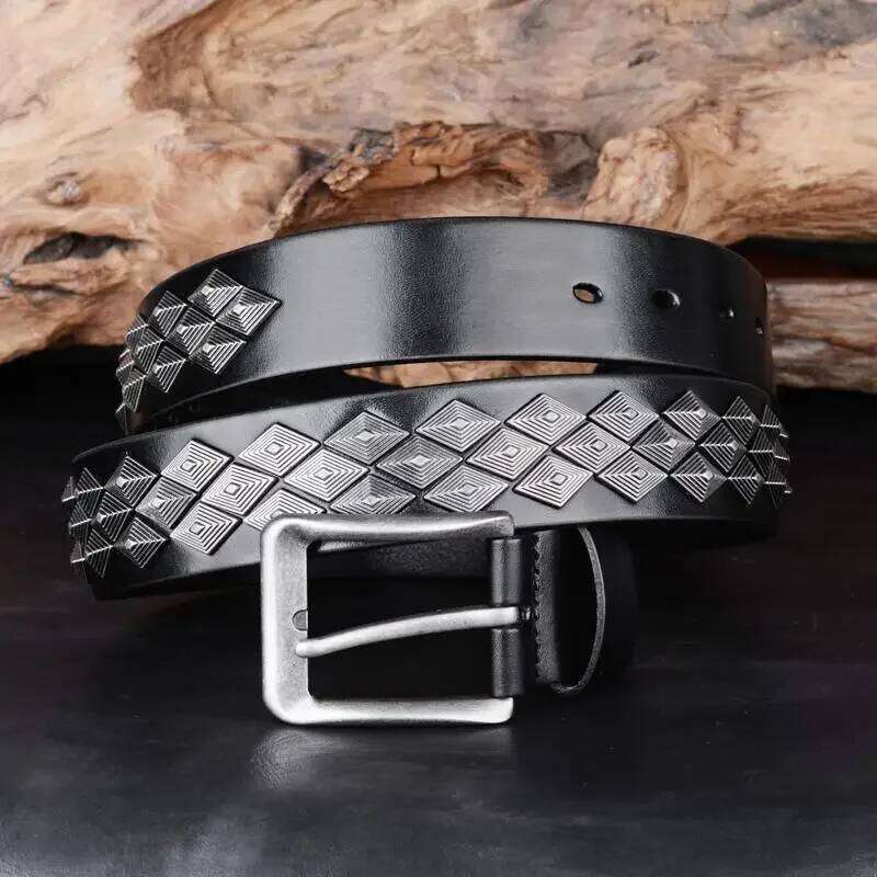 3.8cm Designer Brand Men Rivet 100% Real Pin Male Rock Top Grain Genuine Leather Cowhide Luxury Punk Belt Jean Y260225