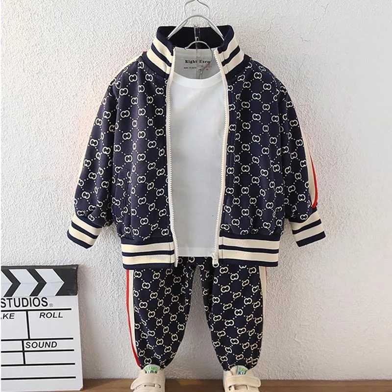 Tracksuit Set for Kids, Retro Monogram Full-Zip Jacket with Contrast Stripe Sleeves, Soft Cotton-Blend Activewear for Daily PlayT260225