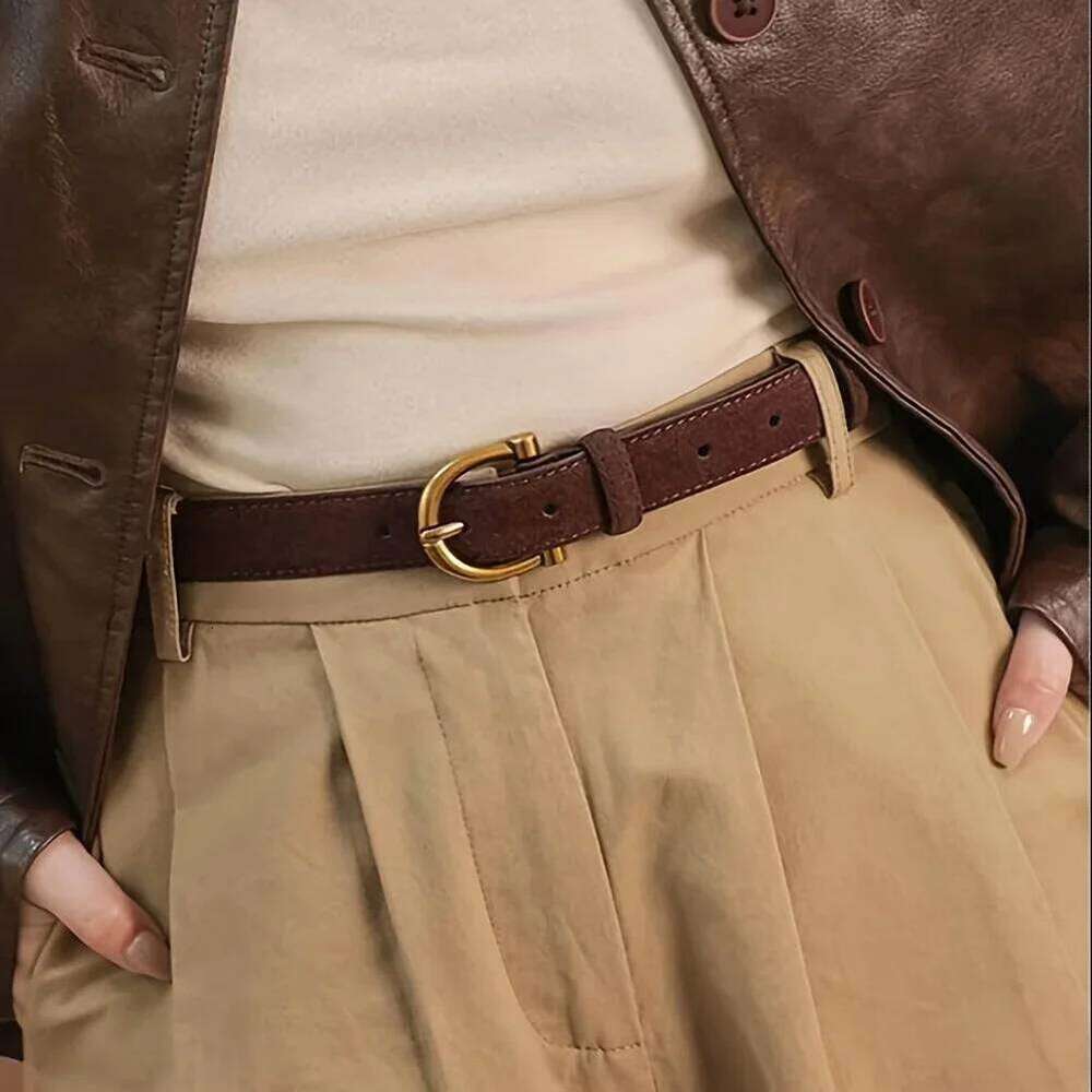 Suede Genuine Leather Belt Women Brown Skinny Waistband Gold Buckle Belts for Casual Jeans and Pants Y260225