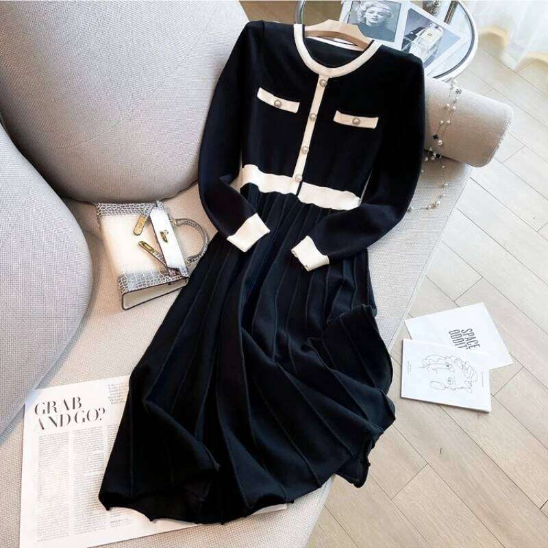 2026 New Autumn Winter O-neck sleeved knitted Pockets single breasted high waisted A-line long sweater Dress XJ260225