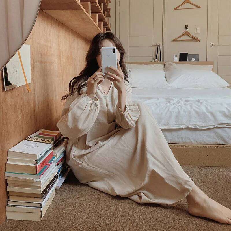 Vintage 100% Cotton Women Dress V Neck Long Sleeve Korean Jananse Pajama Dresses Ladies Comfortable Homewear Wearable Outside XJ260225