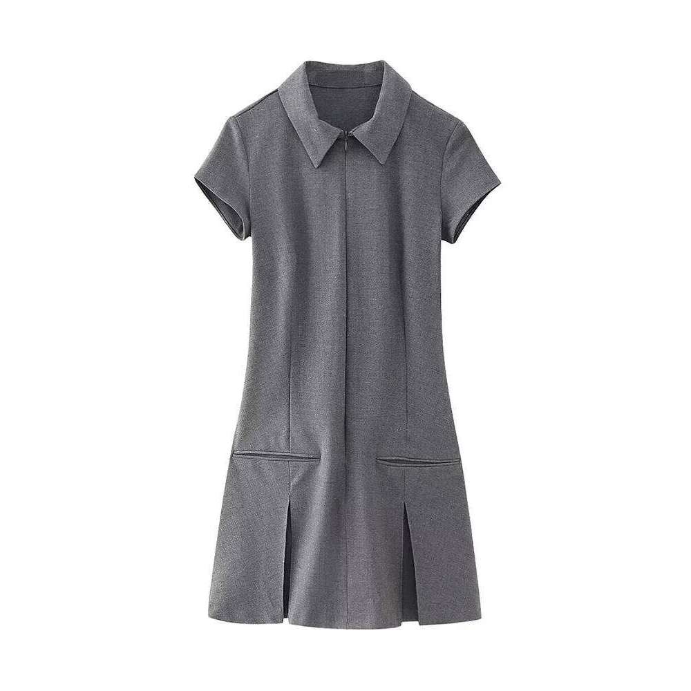 Willshela Women Fashion Solid Pleated Front Zipper Mini Dress Vintage Lapel Neck Short Sleeves Female Chic Lady Dresses XJ260225