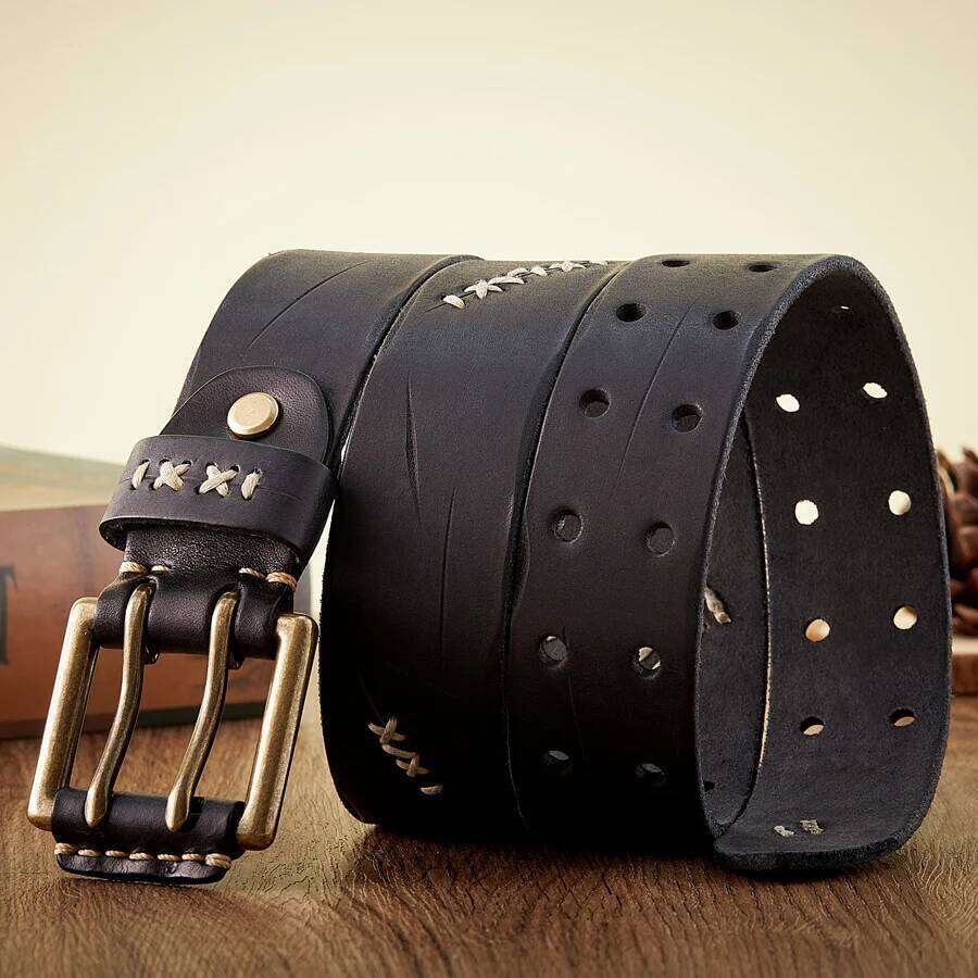 3.8CM Real Genuine Leather Luxury Designer Brass Double Pin Buckle Belts Pure Cowskin Vintage Strap Male Jeans Belt for Men Y260225