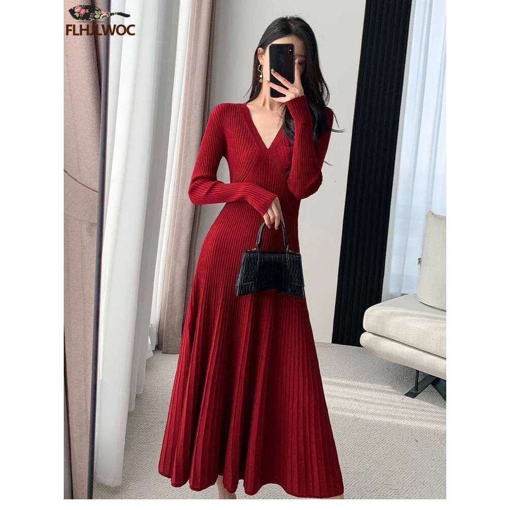 Winter Spring Basic Wear Women New Year Red French Style Design Slim Fit A Line V Neck Knitted Sweater Dress Long Maxi Vestidos XJ260225