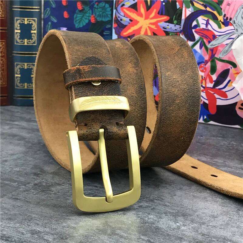 Vintage Brass Buckle Genuine Leather Male Ceinture Yellow Cowboy Jeans Men' Long 130cm Waist Belt MBT0006 Y260225