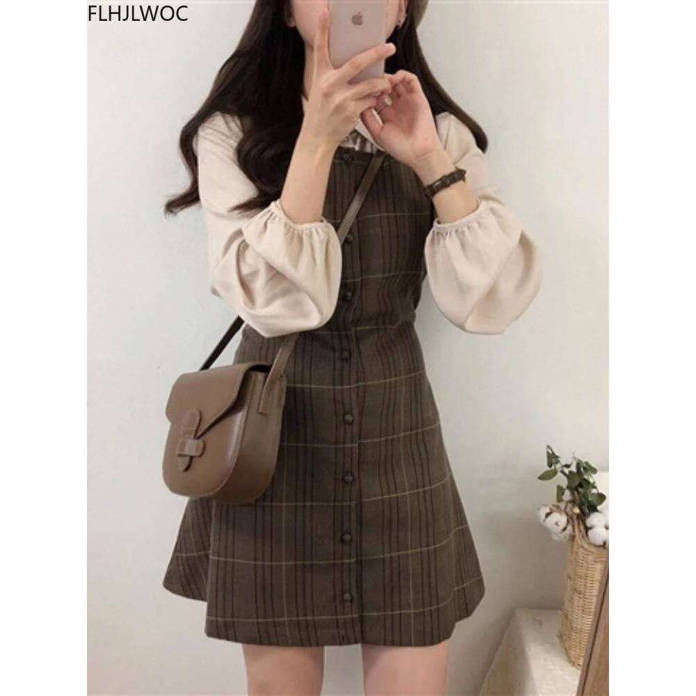 Cute Mini New Year Date Dresses Sleeveless Vest Women Korea Japanese Style Design Retro Vintage Plaid Button Shirt Dress 11021 XJ260225