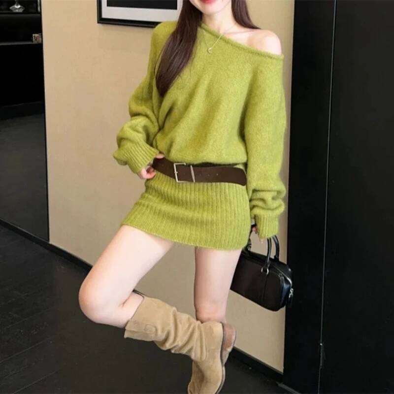 French Sexy Off Shoulder Women with Belt Irregular Long Sleeve Knitted Dress Autumn Fashion Waist Spicy Girl Dresses XJ260225
